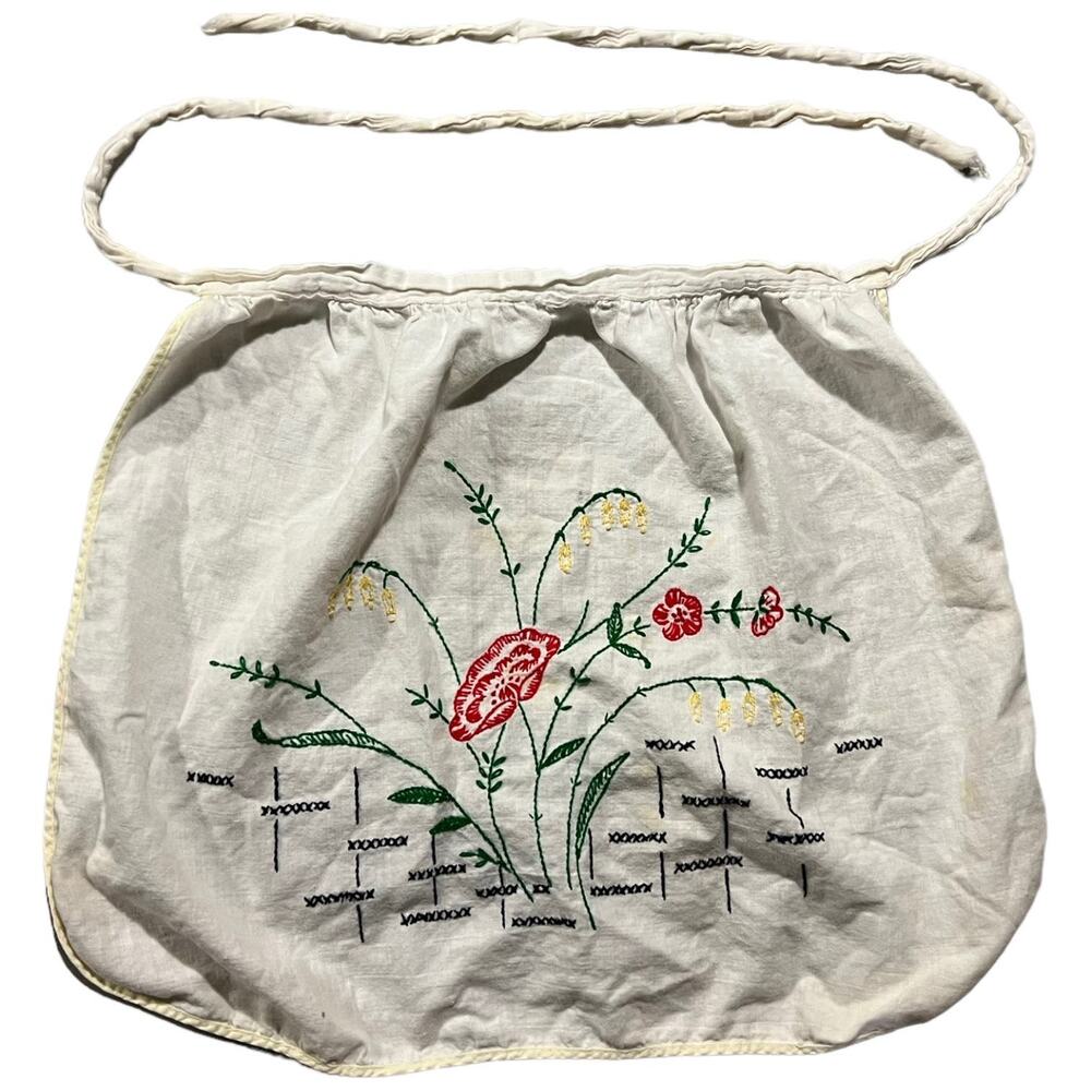Vintage 1950 Half Apron White Cotton Hand Embroidered Floral Garden Apron Roses